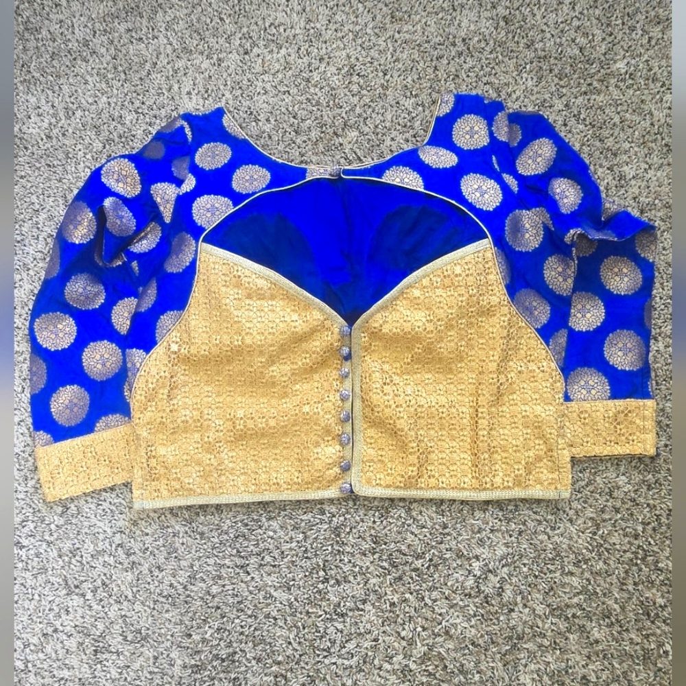 Ready To Wear Royal Blue Dupion Silk Readymade Saree Blouse with Long Sleeves - Picture 4 of 7